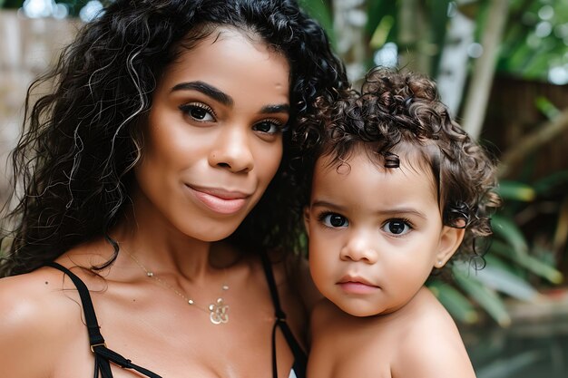 Photo lovely mother and child posing outdoors