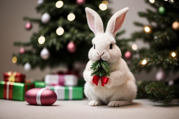 Lovely new born baby bunny easter fluffy rabbits in winter christmas scene with colorful bokeh yello