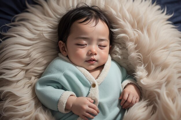 lovely newborn asian baby sleeping on furry cloth