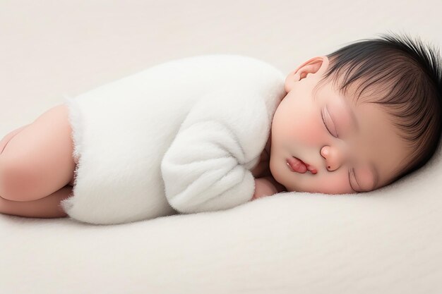 Lovely newborn asian baby sleeping on furry cloth