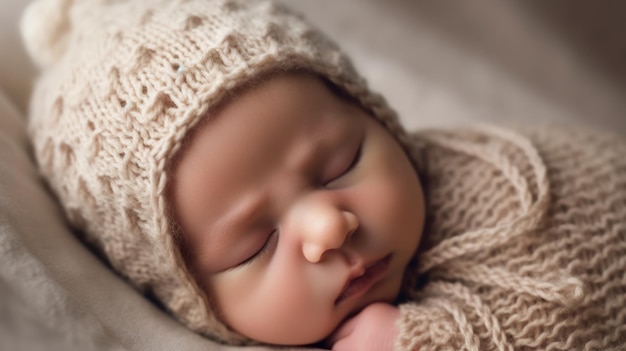 毛皮で覆われた布の上で眠っている素敵な生まれたばかりの赤ちゃん