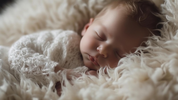 毛皮で覆われた布の上で眠っている素敵な生まれたばかりの赤ちゃん