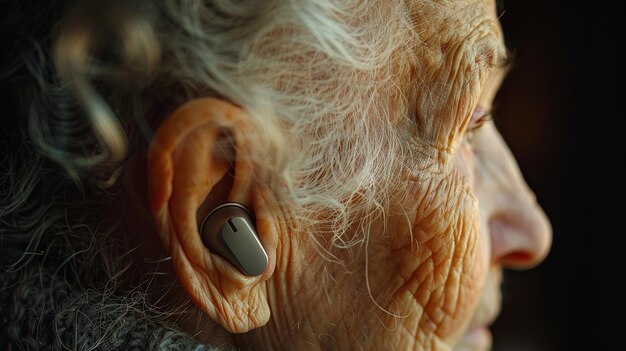 Photo lovely old persons hearing aidequipped ear over a dark backdrop aging male and space generative ai