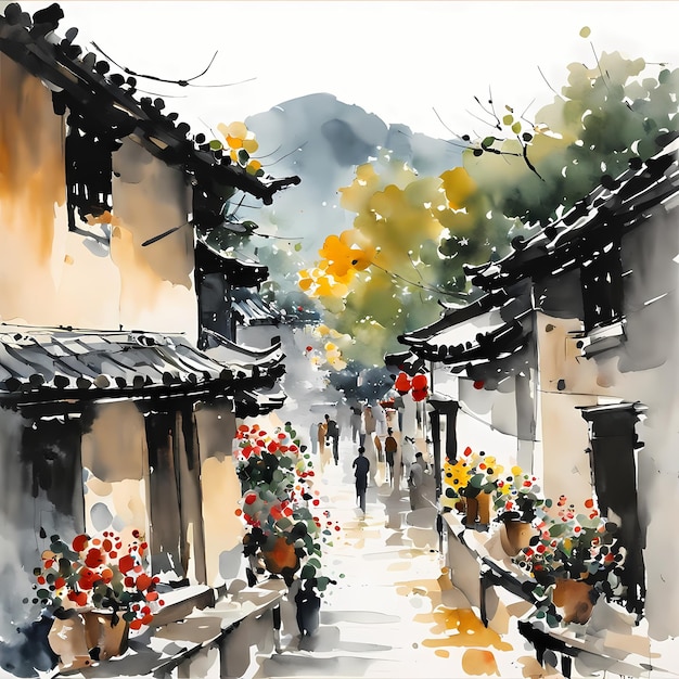마을 의 아름다운 야외 중국 풍경 그림