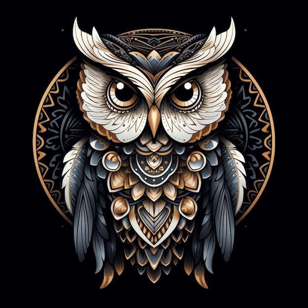 Photo lovely owl with symetric pattern drawing