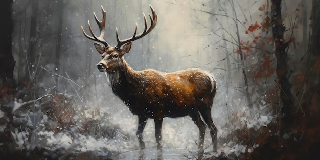 A lovely painting of a deer in the forest with light snow falling Generate Ai