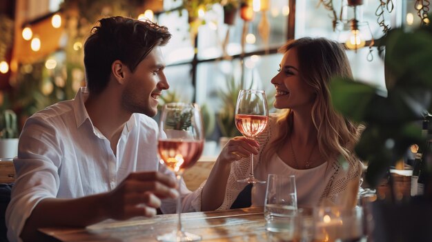 美しいパートナーがバラ色のワインを飲むビストロでロマンチックな夜を楽しんでいます