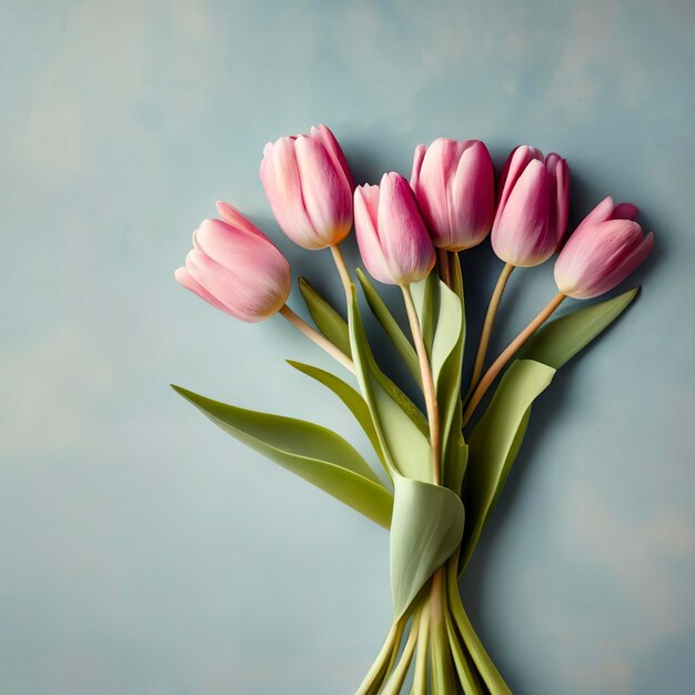사랑스러운 파스텔 핑크색 튤립은 밝은 배경 평면도에 꽃무늬 테두리를 모아 봄 휴가를 위한 레이아웃 어머니 날 인사말 카드