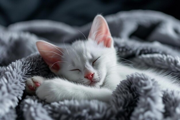 Прекрасная композиция домашних животных с сонной белой кошкой