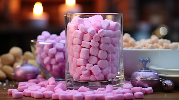 A lovely pink background is set against a full glass of candies marshmallows and sweets numerous colorful and diverse fluffy marshmallows Food for a celebration The concept of sugar dependence