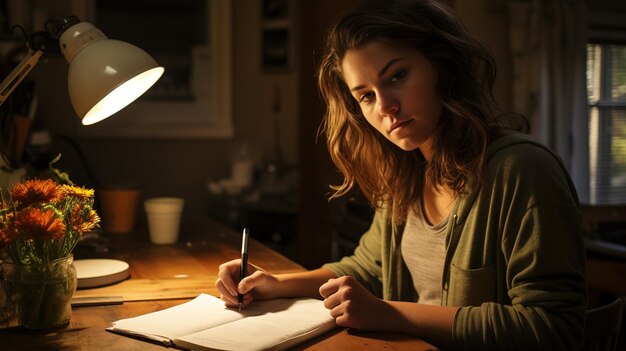 Lovely and pretty girl writes romantic poetry at the desk