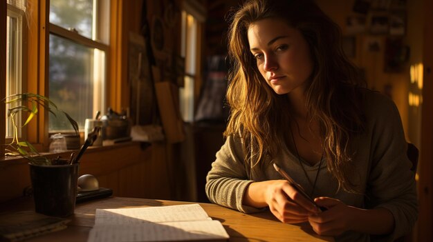 Photo lovely and pretty girl writes romantic poetry at the desk