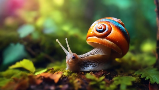 Lovely pretty little snail on a mushroom in the forest in nature macro