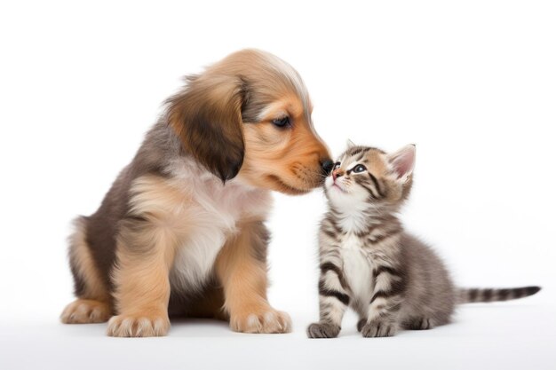 Lovely pupply and kitten studio shot white background