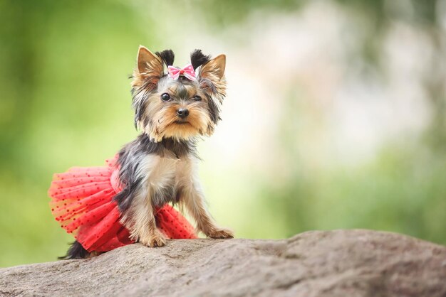 Lovely puppy of female Yorkshire Terrier small dog with red skirt on green blurred background