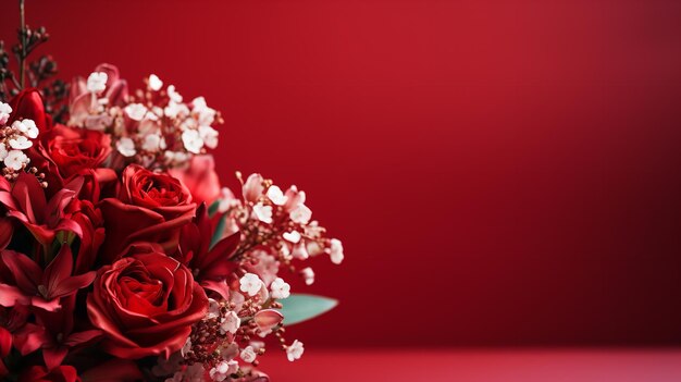 A lovely red flower bouquet is displayed on a red backdrop with copy space generative ai