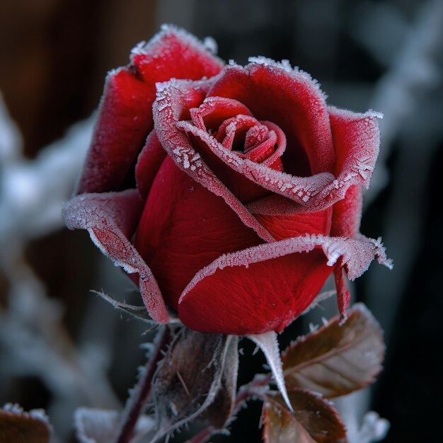 Lovely red frozen rose covered with hoarfrost closeup original flower background fancy wallpaper