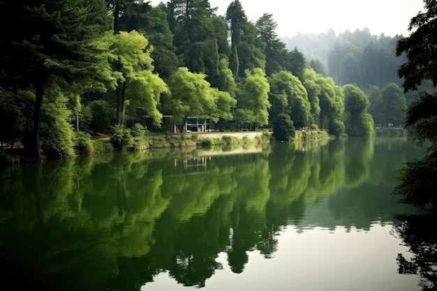 Lovely reflection of the surrounding green trees in the lakeside environment