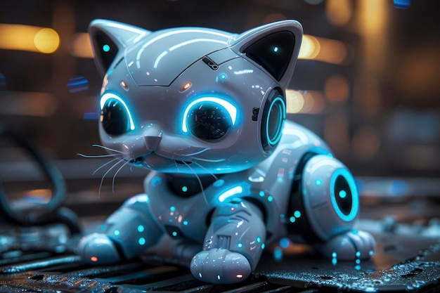 Foto un adorabile gatto robotico del futuro sullo sfondo della fantascienza in blu