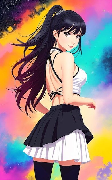 Foto una bella donna sexy in un vestito corto d'estate con i capelli lunghi su uno sfondo colorato