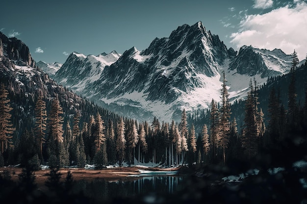 Lovely snowy landscape including a mountain range and a forest of pine trees