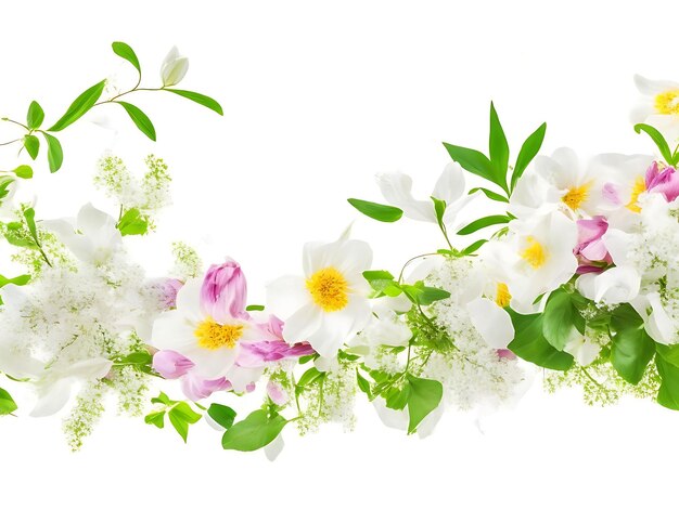 Lovely spring flowers and leaves on background with negative space