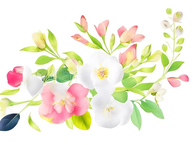 Lovely spring flowers and leaves on white background AI Generated