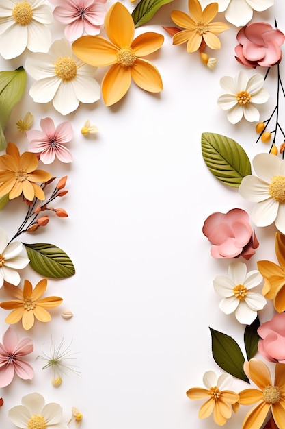 Lovely spring flowers and leaves on white background with copy space