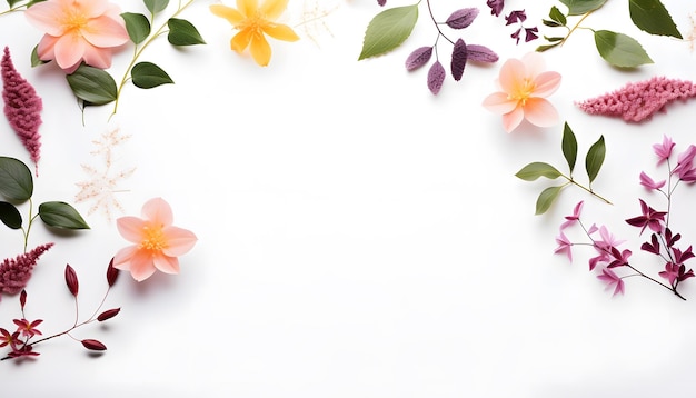 Lovely spring flowers and leaves on white background with negative space copy space
