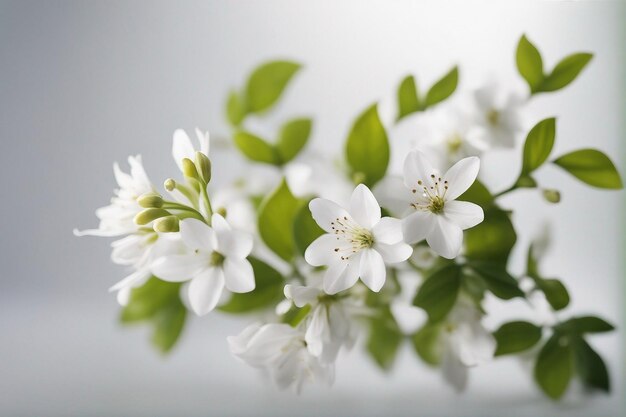 Lovely spring flowers and leaves on white background with negative space generated by AI