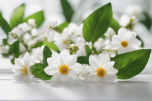 人工知能によって生成されたネガティブスペースで白い背景の素敵な春の花と葉