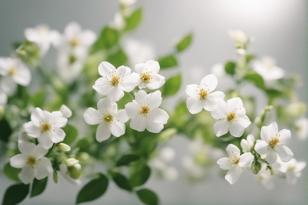 人工知能によって生成されたネガティブスペースで白い背景の素敵な春の花と葉