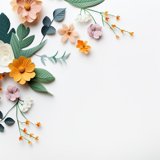 Photo lovely spring flowers and leaves on white background with negative space