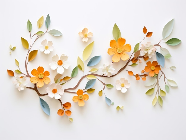 Lovely spring flowers and leaves on white background with negative space