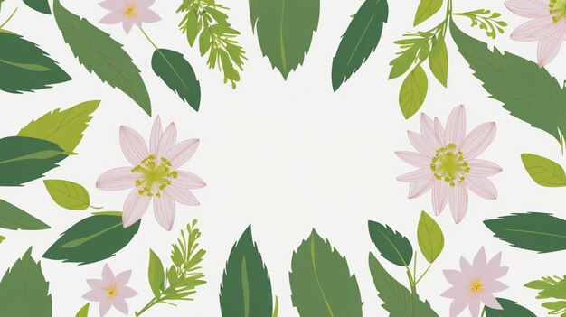 Lovely spring flowers and leaves on white background with negative space