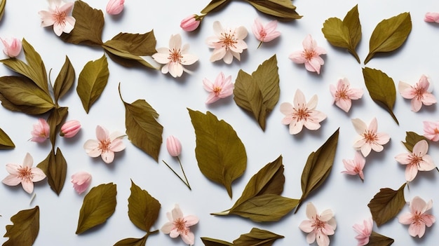 Lovely spring flowers and leaves on white background with negative space