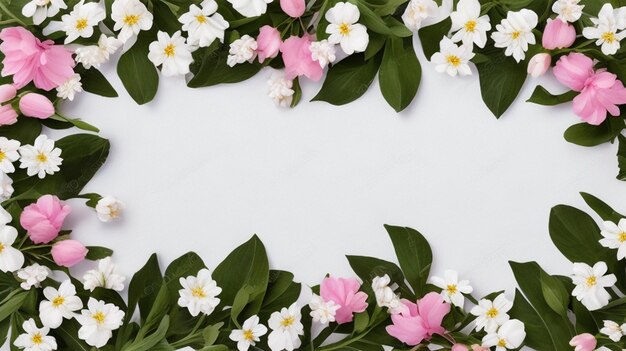 Lovely spring flowers and leaves on white background with negative space