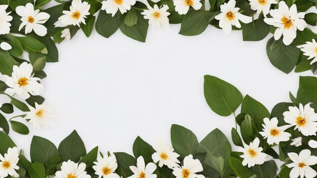 Lovely spring flowers and leaves on white background with negative space