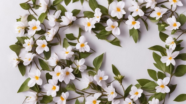 Lovely spring flowers and leaves on white background with negative space