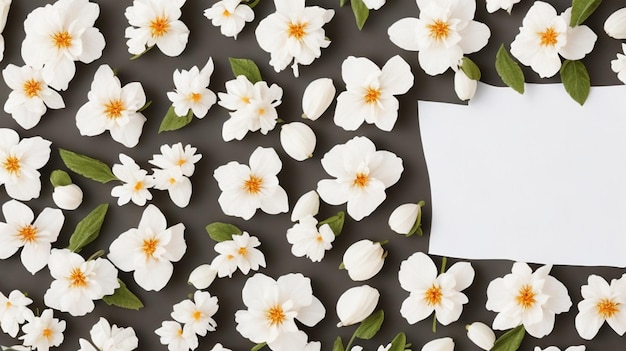 Lovely spring flowers and leaves on white background with negative space