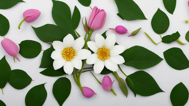 Lovely spring flowers and leaves on white background with negative space