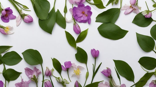 Lovely spring flowers and leaves on white background with negative space