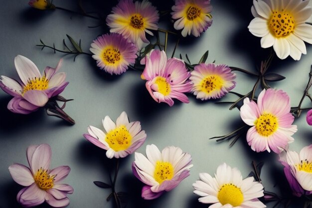 Lovely spring flowers and leaves on white background with negative space