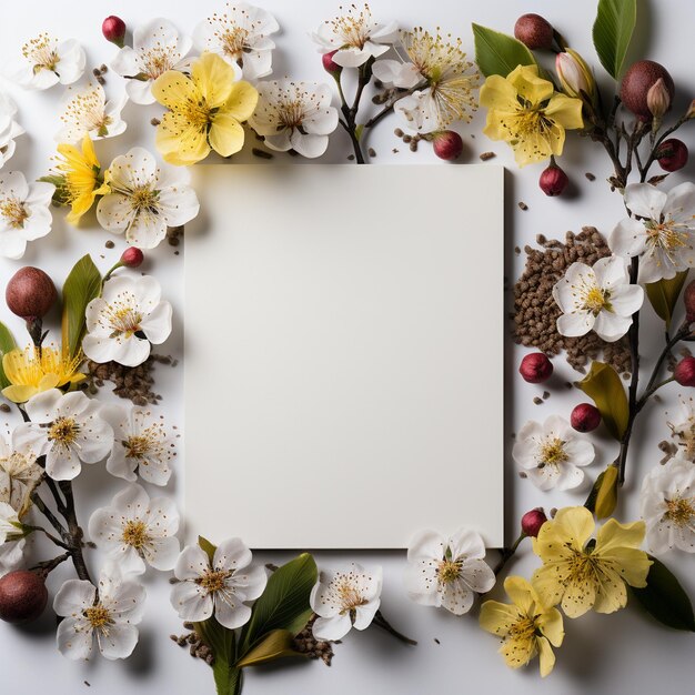 Lovely spring flowers and leaves on white background with negative space