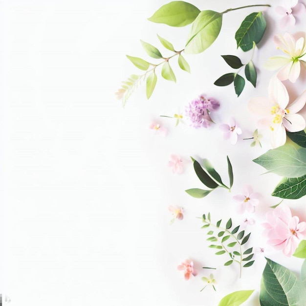 lovely spring flowers and leaves on white background