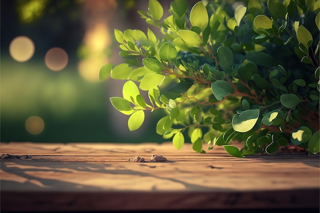 A lovely springtime outdoor setting includes an empty wooden table and fresh luscious new greenery Sunlight and bokeh with a natural template Generative Ai