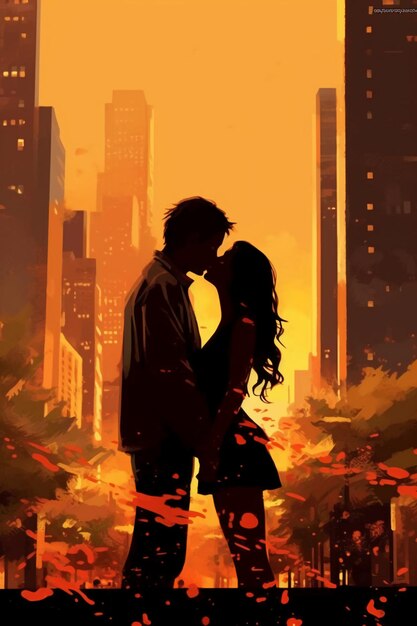 Lovely sunset cityscape new york tan bruennte woman and brown haired white man kissing