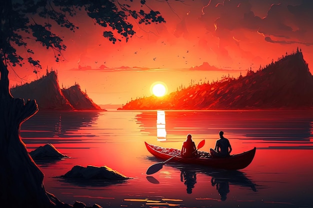 The lovely sunset with a red kayak boat and couple lying in the sun