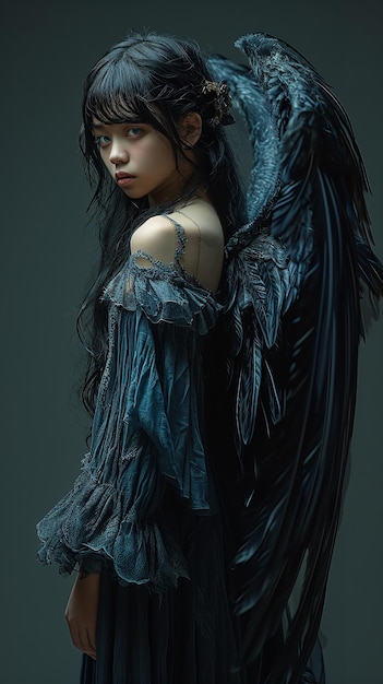 사진 날개를 가진 천사처럼 떨어진 사랑스러운 십대 악마 소녀