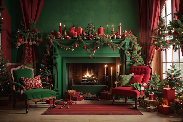 Lovely Traditions Green and Red Decorations in a Cozy Setting wallpaper